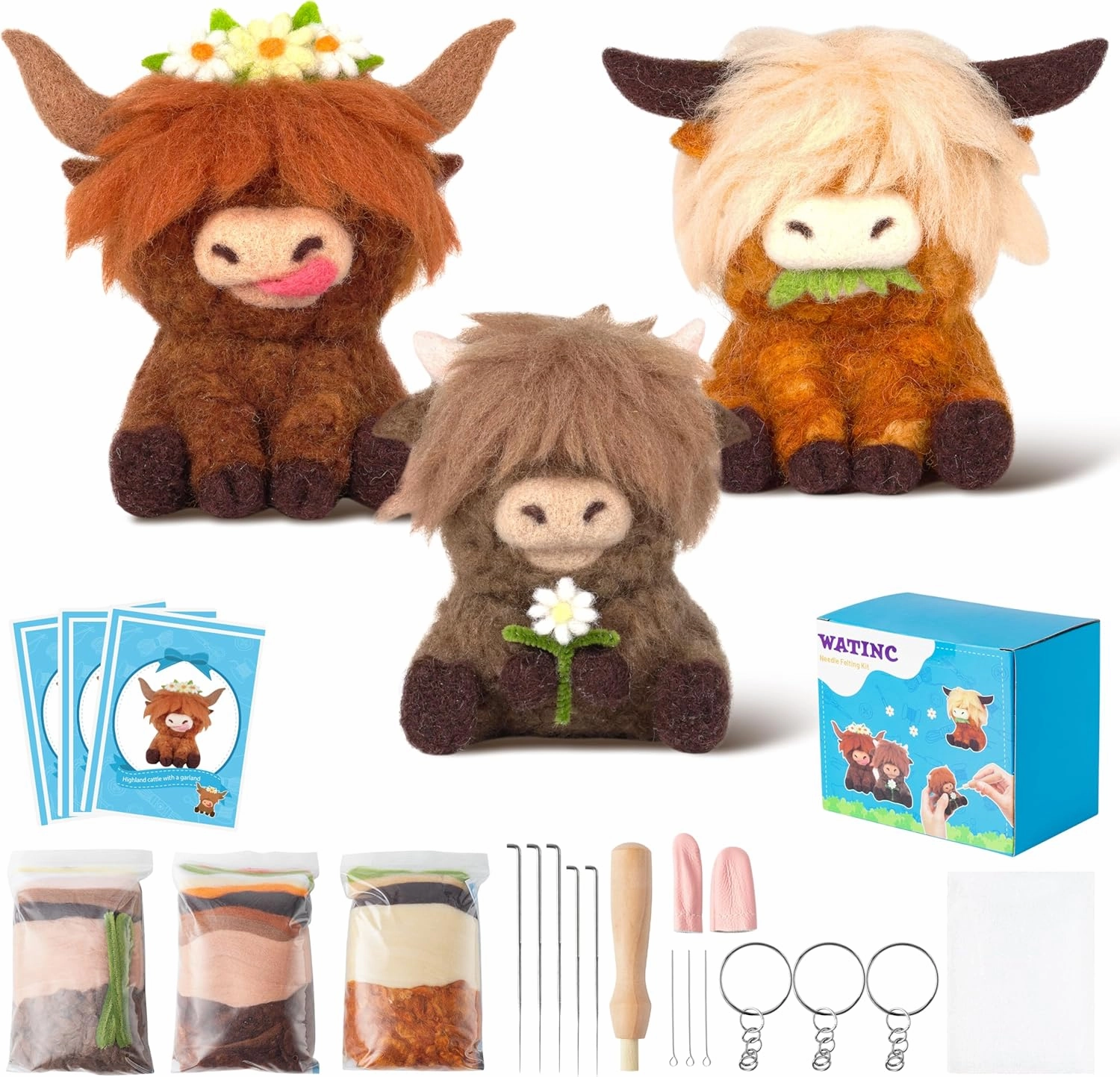 WATINC Highland Cow Needle Felting Kit - Set of 3 Different Highland Cow Doll Wool Felt Needle Felting Tools Foam Pad, DIY Home Decoration Needle Felting Craft Party Supplies for Beginners
