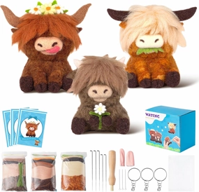 WATINC Highland Cow Needle Felting Kit - Set of 3 Different Highland Cow Doll Wool Felt Needle Felting Tools Foam Pad, DIY Home Decoration Needle Felting Craft Party Supplies for Beginners