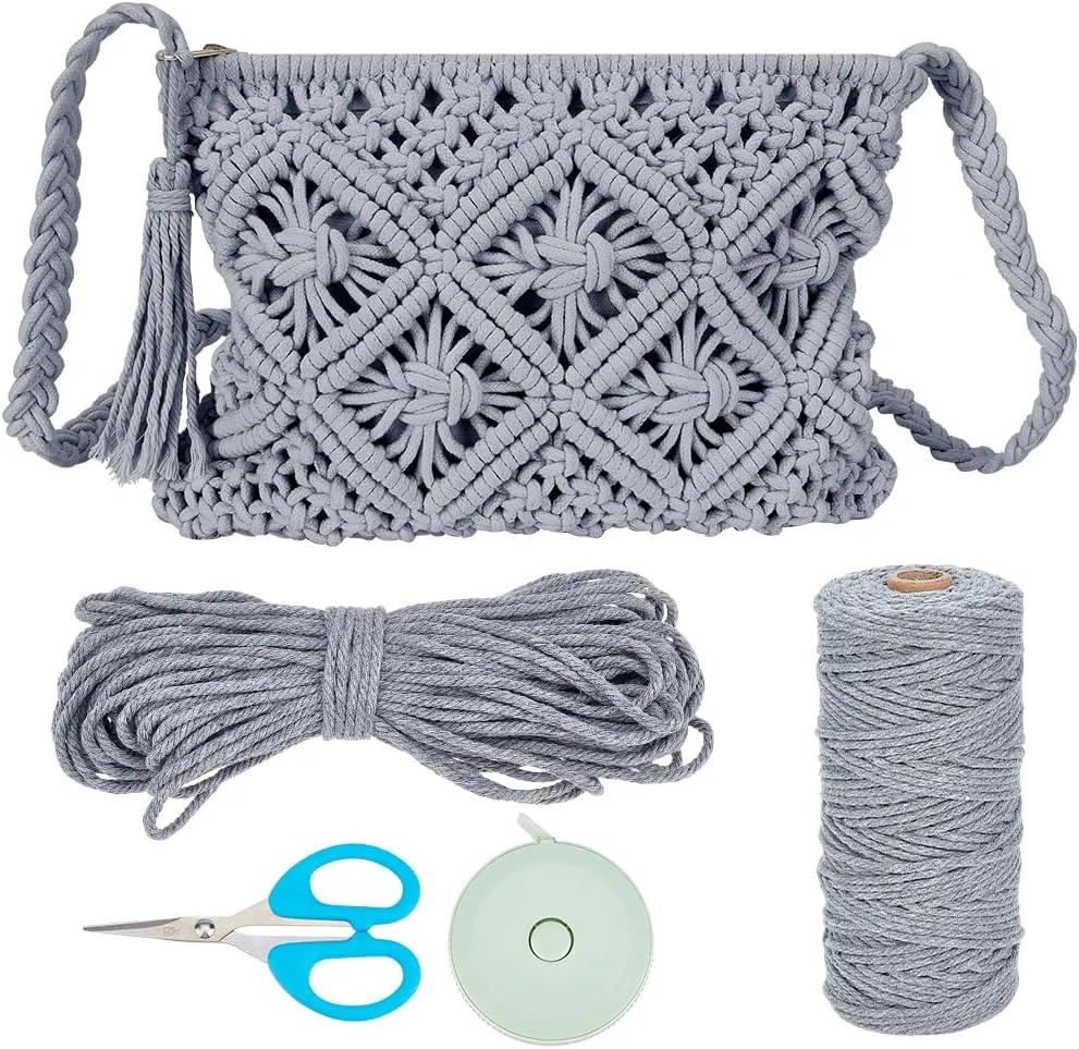 WEBEEDY DIY Macrame Bag Kit Boho Macrame Shoulder Bag Making Kit with 3mm x 142 Yards Cotton Cord and Video Tutorial,Macrame Purse Kit for Beginners Summer Beach Christmas Decor Gift,10.4x8(Gray)
