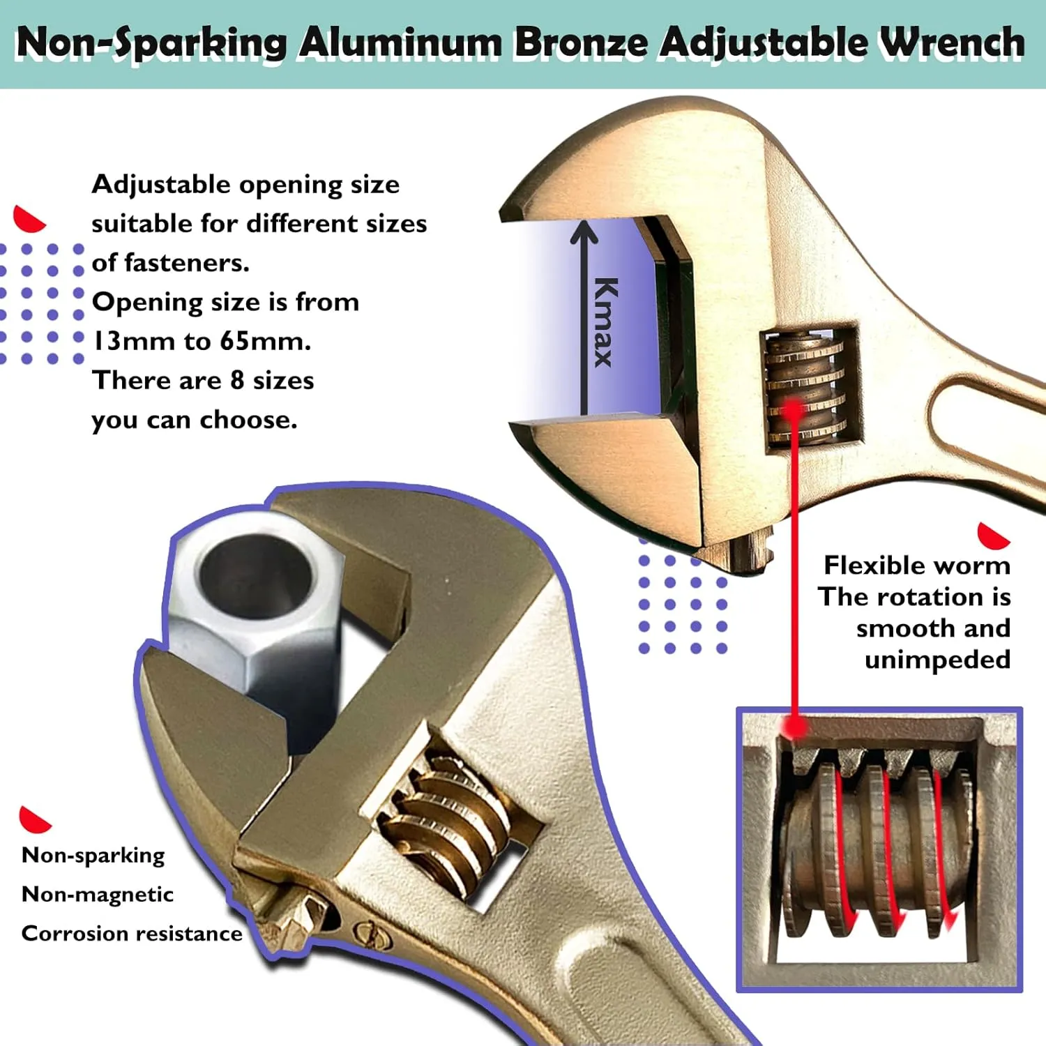 WEDO Non-Sparking Adjustable Wrench 15", Spark-free Safety Wrench, Safty Tool,Aluminum Bronze,Non-Magnetic, Corrosion Resistant, Die-Forged, BAM/FM/DIN Standard, Opening Max 46mm