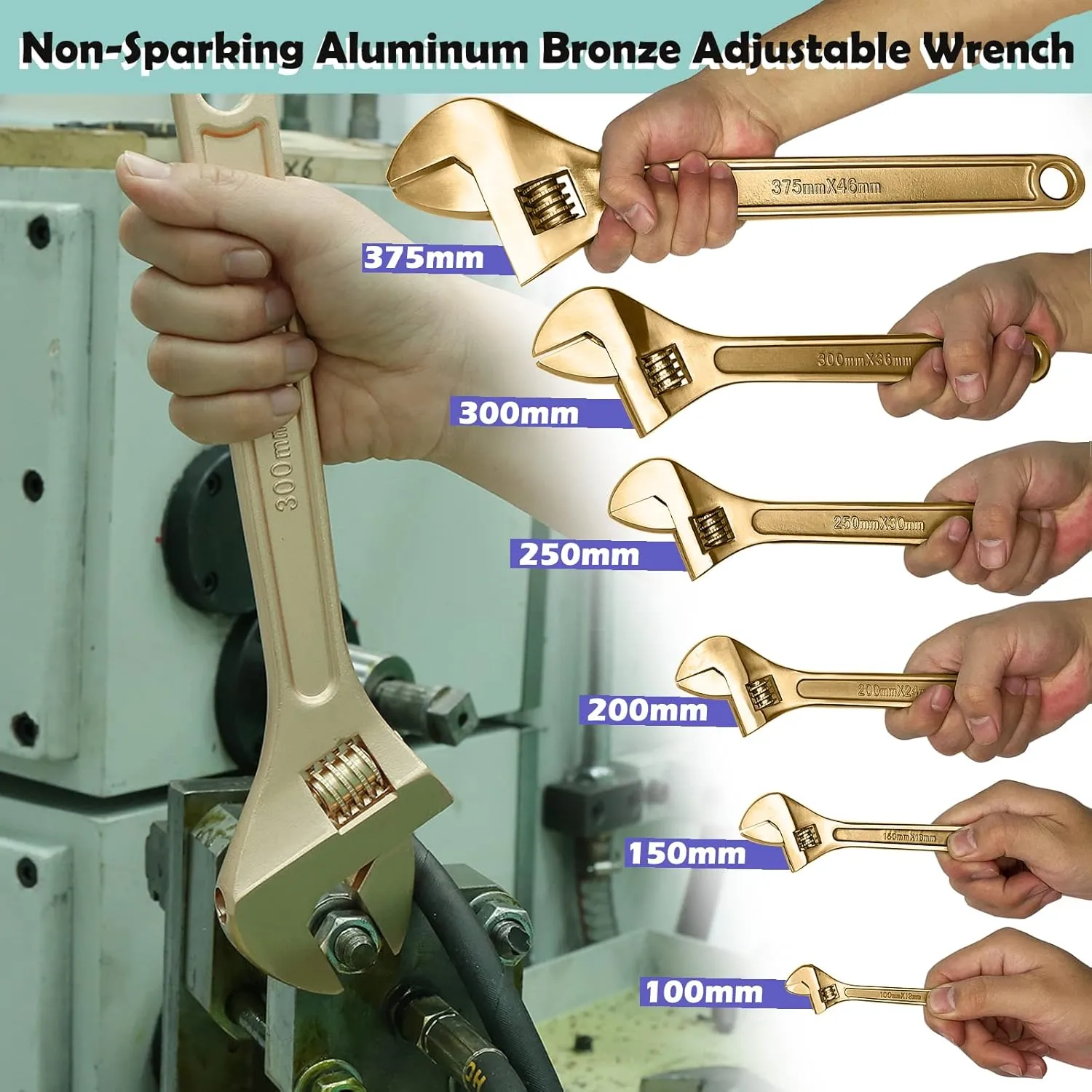 WEDO Non-Sparking Adjustable Wrench 15", Spark-free Safety Wrench, Safty Tool,Aluminum Bronze,Non-Magnetic, Corrosion Resistant, Die-Forged, BAM/FM/DIN Standard, Opening Max 46mm