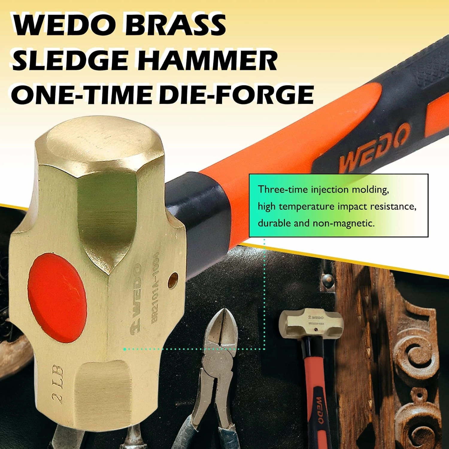WEDO Brass Sledge Hammer With Fiberglass Handle, Non-Magnetic, Die-Forge, Corrosion Resistant, DIN Standard, 14lb, 900mm, 36"