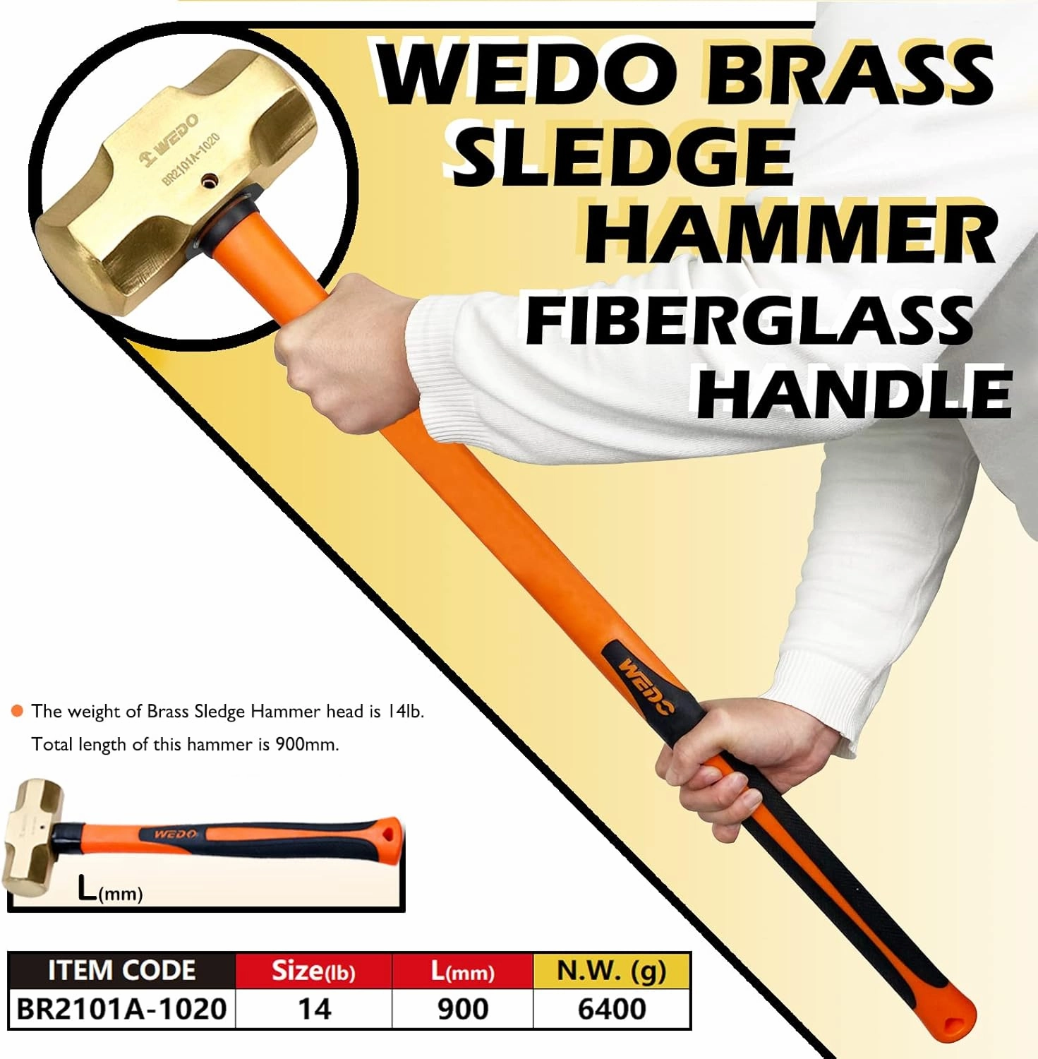 WEDO Brass Sledge Hammer With Fiberglass Handle, Non-Magnetic, Die-Forge, Corrosion Resistant, DIN Standard, 14lb, 900mm, 36"