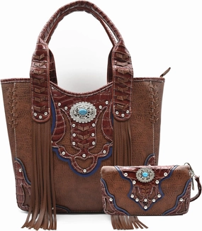 Western Style Cowgirl Woven Fringe Crocodile Gorgeous Purse Conchos Tote Country Women Handbag Shoulder Bags Wallet Set