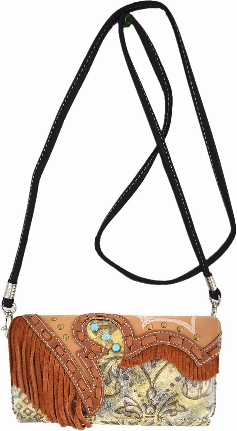 Western Style Fringe Conchos Gem Rhinestone Studded Woven Leather Purse Country Handbag Women Shoulder Bag Wallet Set