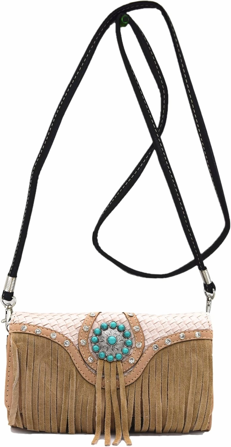 Western Style Fringe Conchos Gem Rhinestone Studded Woven Leather Purse Country Handbag Women Shoulder Bag Wallet Set