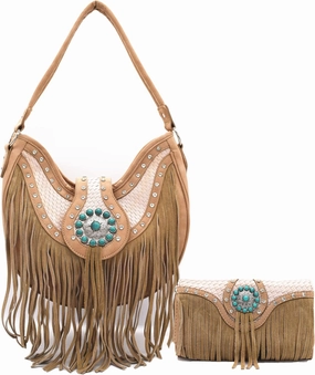Western Style Fringe Conchos Gem Rhinestone Studded Woven Leather Purse Country Handbag Women Shoulder Bag Wallet Set