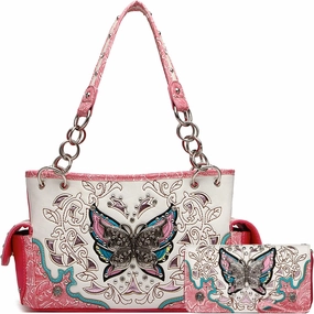 Western Style Spring Butterfly Flower Purse Women Country Handbag Rhinestone Stud Shoulder Bag Wallet Set