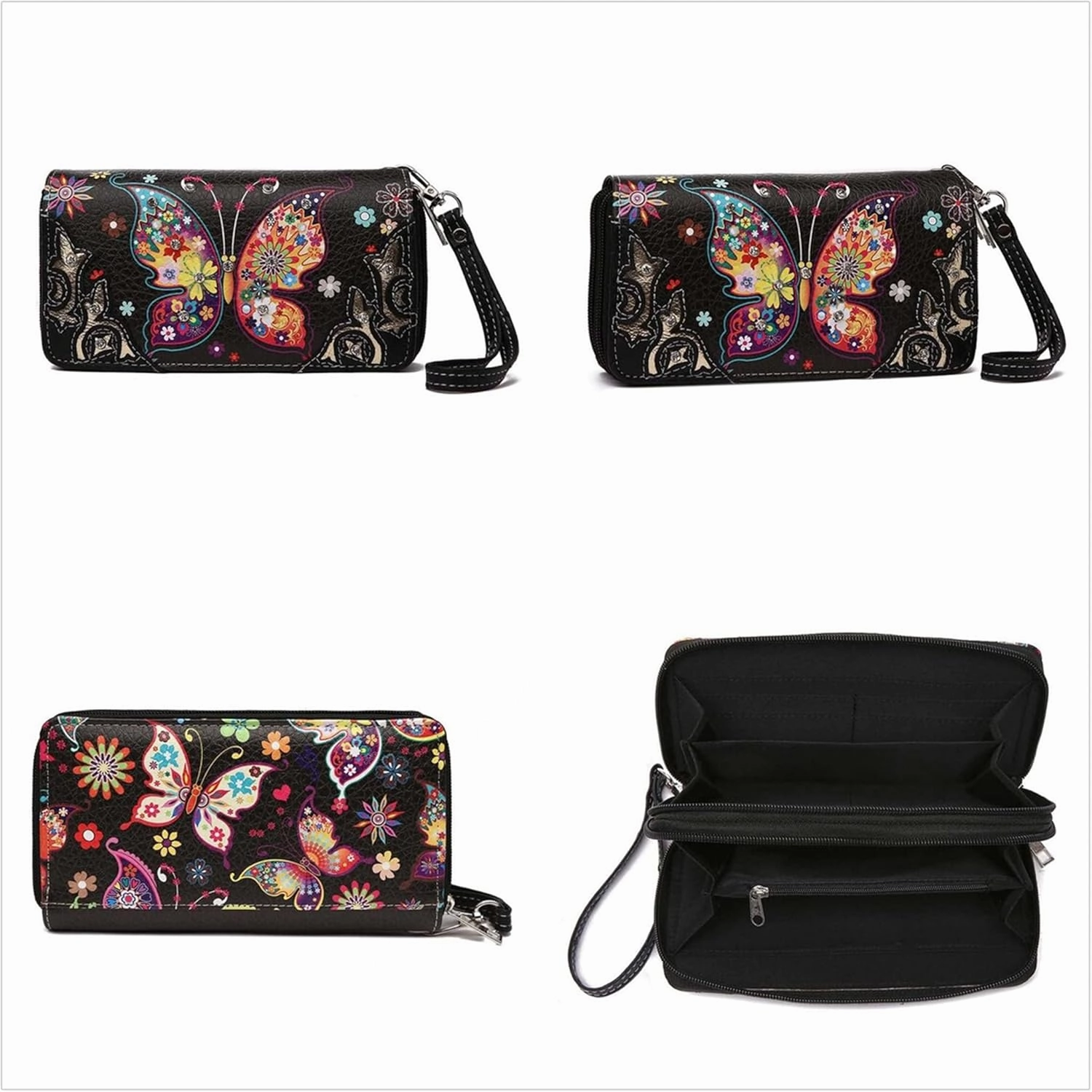 Western Style Spring Butterfly Flower Purse Women Country Handbag Rhinestone Stud Shoulder Bag Wallet Set