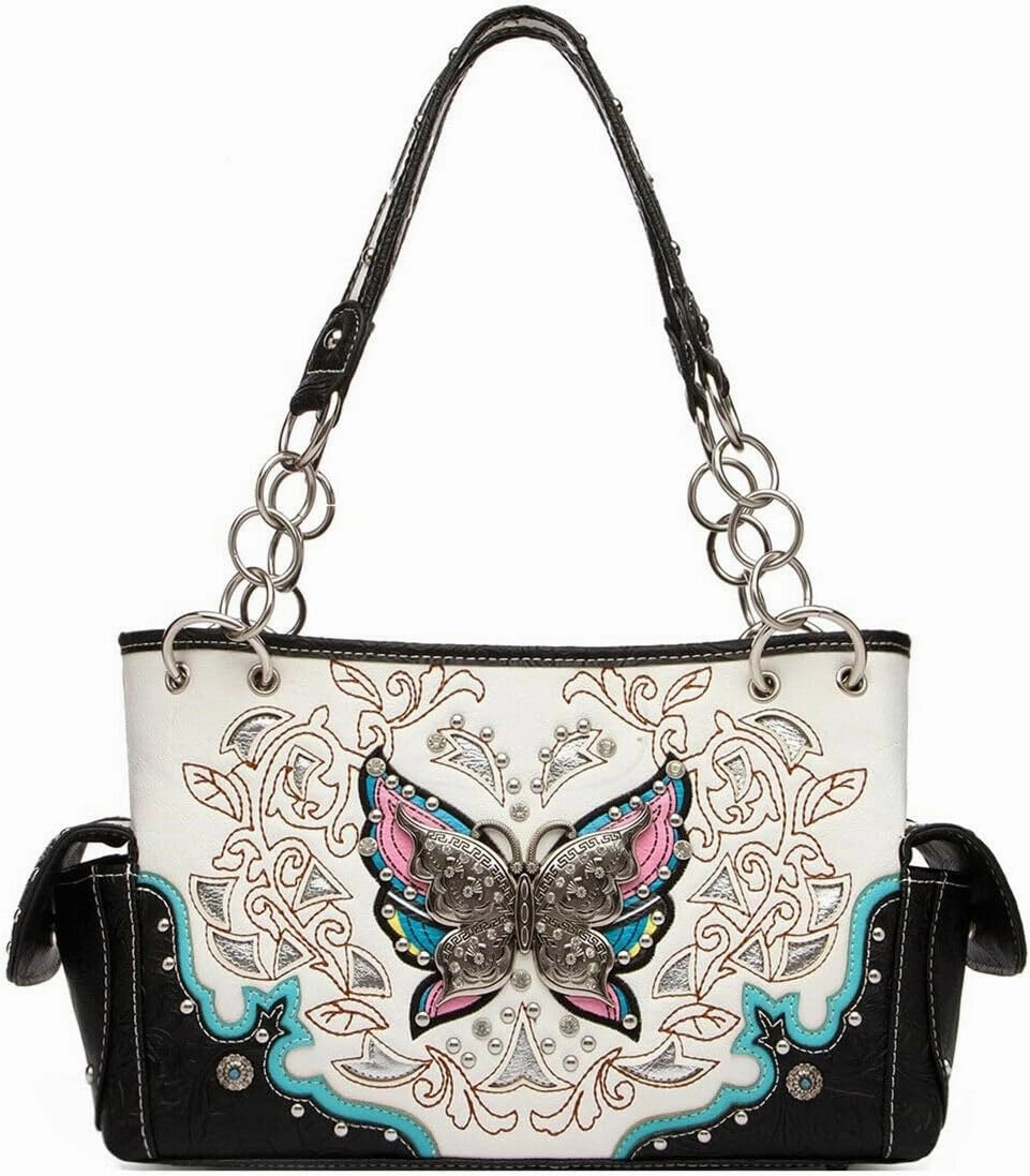 Western Style Springtime Embroidery Butterfly Floral Leather Totes Purse Country Handbag Women Shoulder Bag Wallet Set