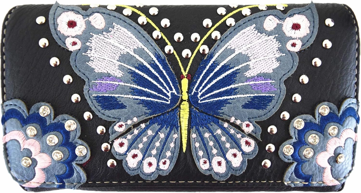Western Style Springtime Embroidery Butterfly Floral Leather Totes Purse Country Handbag Women Shoulder Bag Wallet Set