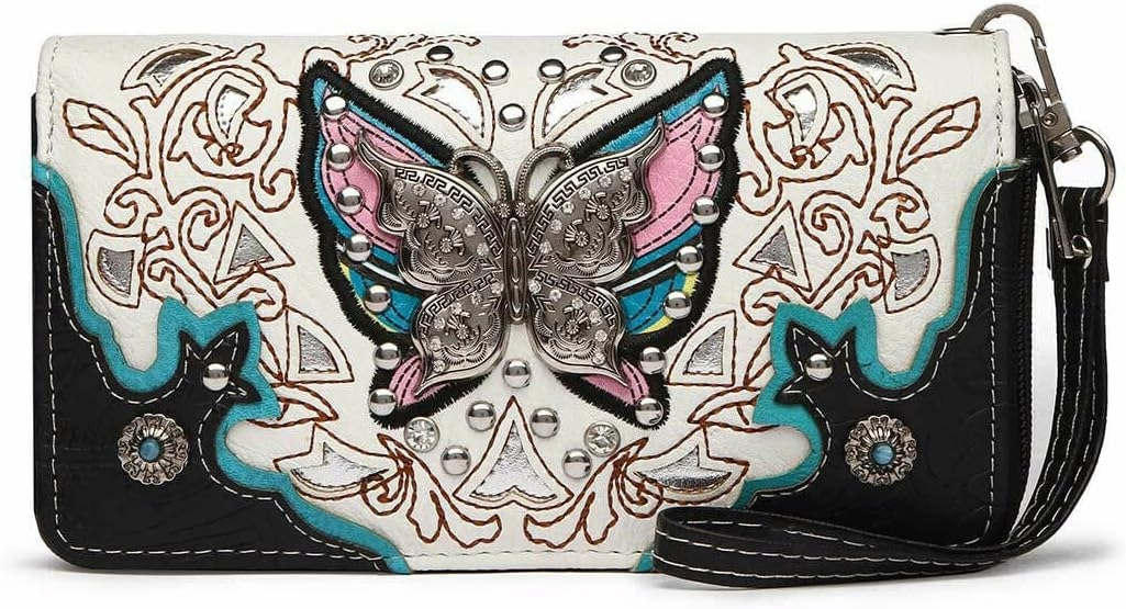Western Style Springtime Embroidery Butterfly Floral Leather Totes Purse Country Handbag Women Shoulder Bag Wallet Set