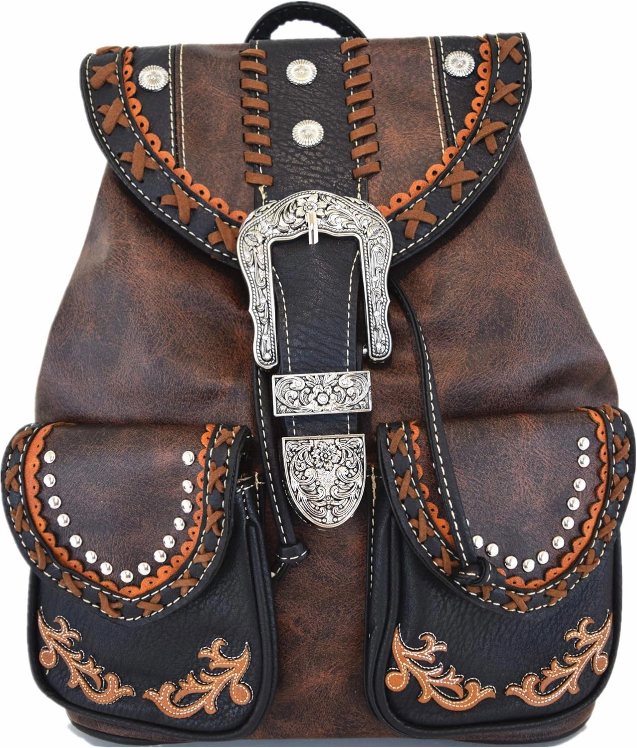 Western Style Tooled Buckle Studded Floral Women Country Backpack Bags Rucksack Daypack Biker Purse Matching Wallet Set (Coffee Set)