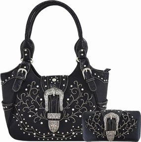 Western Style Tooled Leather Buckle Concealed Carry Purse Country Handbag Women Shoulder Bag Wallet Set