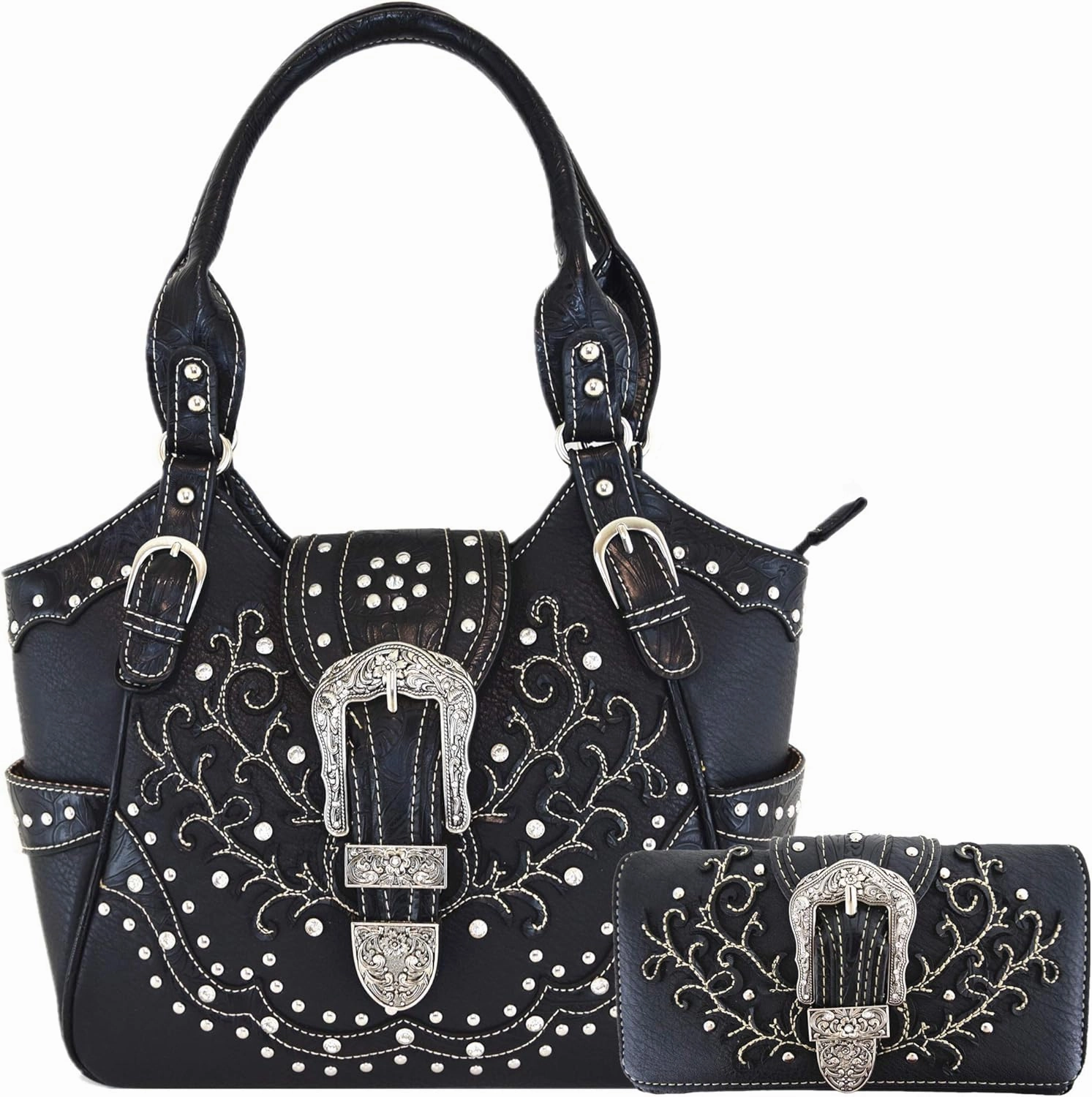 Western Style Tooled Leather Buckle Concealed Carry Purse Country Handbag Women Shoulder Bag Wallet Set