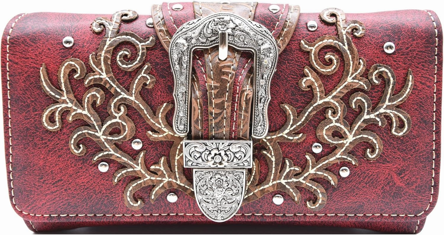 Western Style Tooled Leather Buckle Concealed Carry Purse Country Handbag Women Shoulder Bag Wallet Set