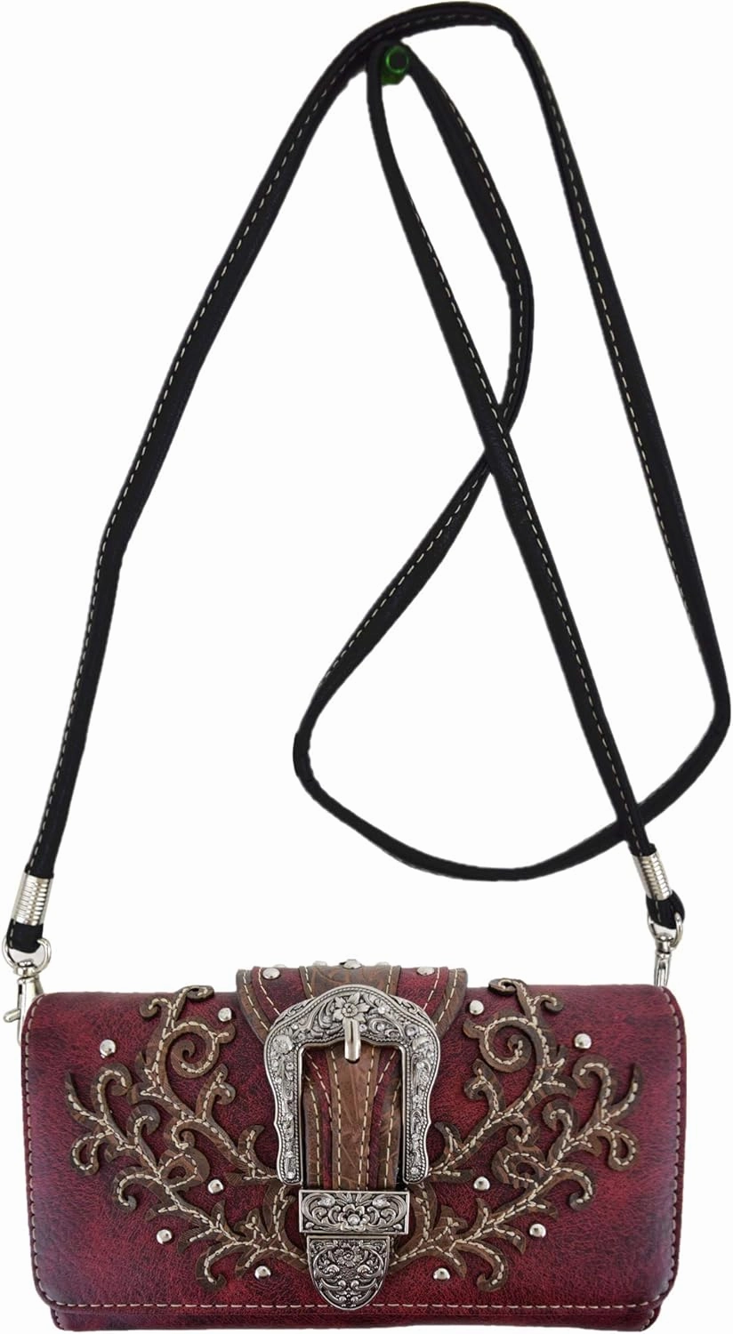 Western Style Tooled Leather Buckle Concealed Carry Purse Country Handbag Women Shoulder Bag Wallet Set