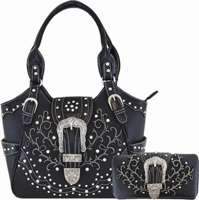 Western Style Tooled Leather Buckle Concealed Carry Purse Country Handbag Women Shoulder Bag Wallet Set
