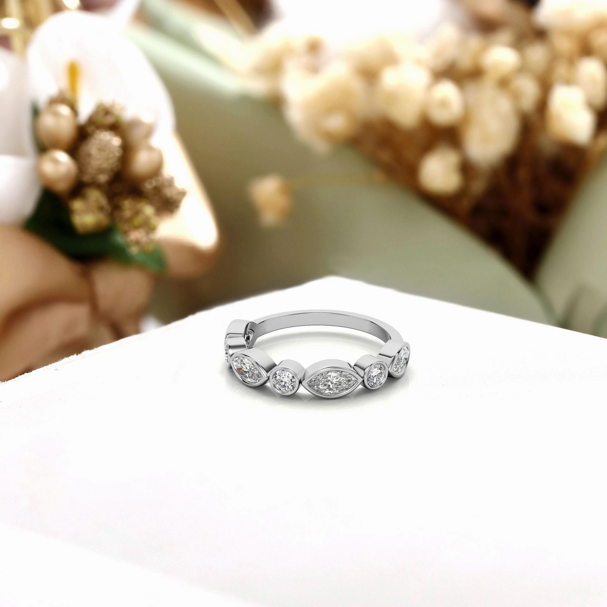 White Gold Silver Dual-Shape Milgrain Adjustable Marquise Round Ring For Woman