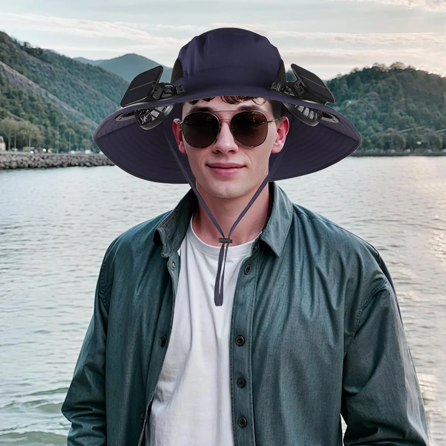 Wide Brim Solar Fan Outdoor Fishing Hat with 2 Solar Fan UPF 50  Sun Bucket Hat Waterproof Breathable Fishing Hat Bucket Hat