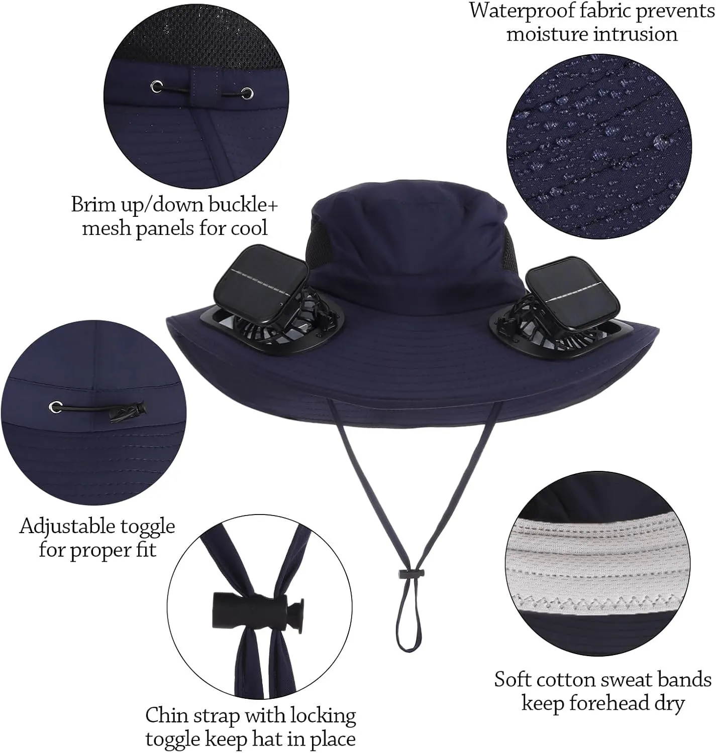 Wide Brim Solar Fan Outdoor Fishing Hat with 2 Solar Fan UPF 50  Sun Bucket Hat Waterproof Breathable Fishing Hat Bucket Hat