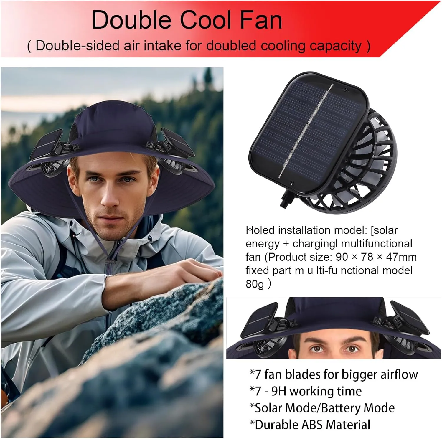 Wide Brim Solar Fan Outdoor Fishing Hat with 2 Solar Fan UPF 50  Sun Bucket Hat Waterproof Breathable Fishing Hat Bucket Hat