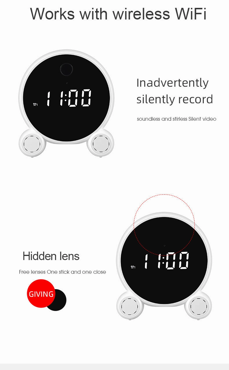 WiFi Alarm Clock Camera, HD 1080P Night Vision Motion Detection, Portable Home Security Surveillance IP Clock