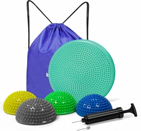 Wobble Cushion Set for Sensory Kids and Balance Training - Disc Plus 4 Pods, Board With Pump, Inflatable Stepping Pads for Adults & Kids