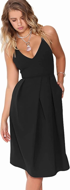 Women's Deep V Neck Adjustable Spaghetti Straps Summer Dress Sleeveless Sexy Backless Party Dresses with Pockets