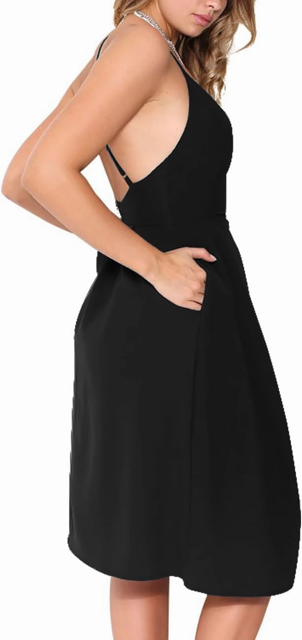 Women's Deep V Neck Adjustable Spaghetti Straps Summer Dress Sleeveless Sexy Backless Party Dresses with Pockets