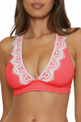 Women's Standard Lace Trim Halter Bikini Top, Adjustable, Tie Back, Swimwear Separates