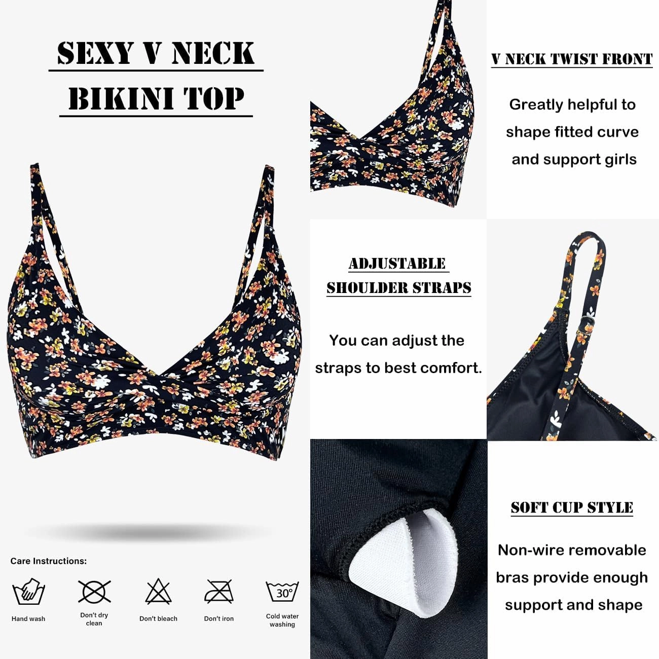 Women's Twist Front V Neck Bikini Top Padded Adjustable Spaghetti Straps Bathing Suit Tops Only