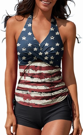 Women Two Piece Tankini Halter Padded Adjustable Drawstring Swimsuit with Boyshorts