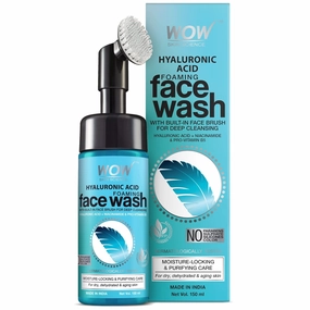 WOW Skin Science Hyaluronic Acid Foaming Face Wash - with Built-In Brush - For Moisture-Locking & Purifying Care - 150ml