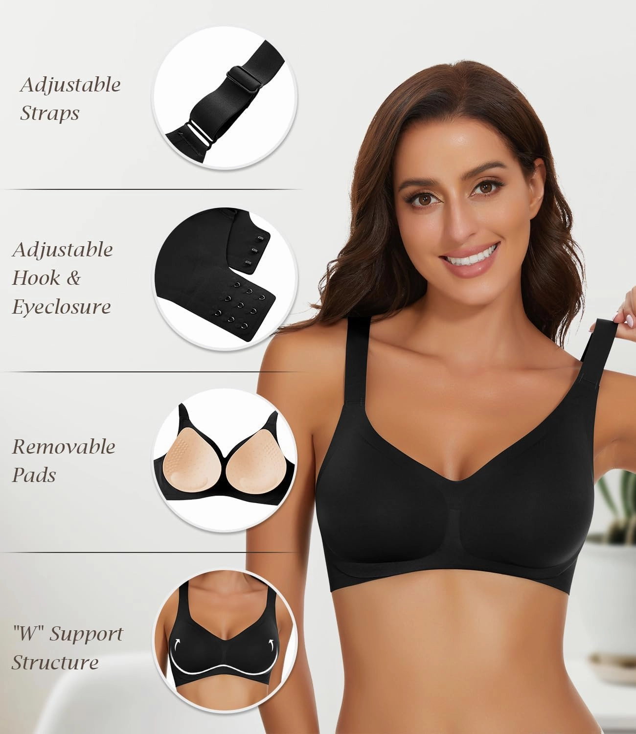 WOWENY Wireless Push Up Bras for Women Comfortable Seamless Bralettes Adjustable V Padded Everyday Bra with Support
