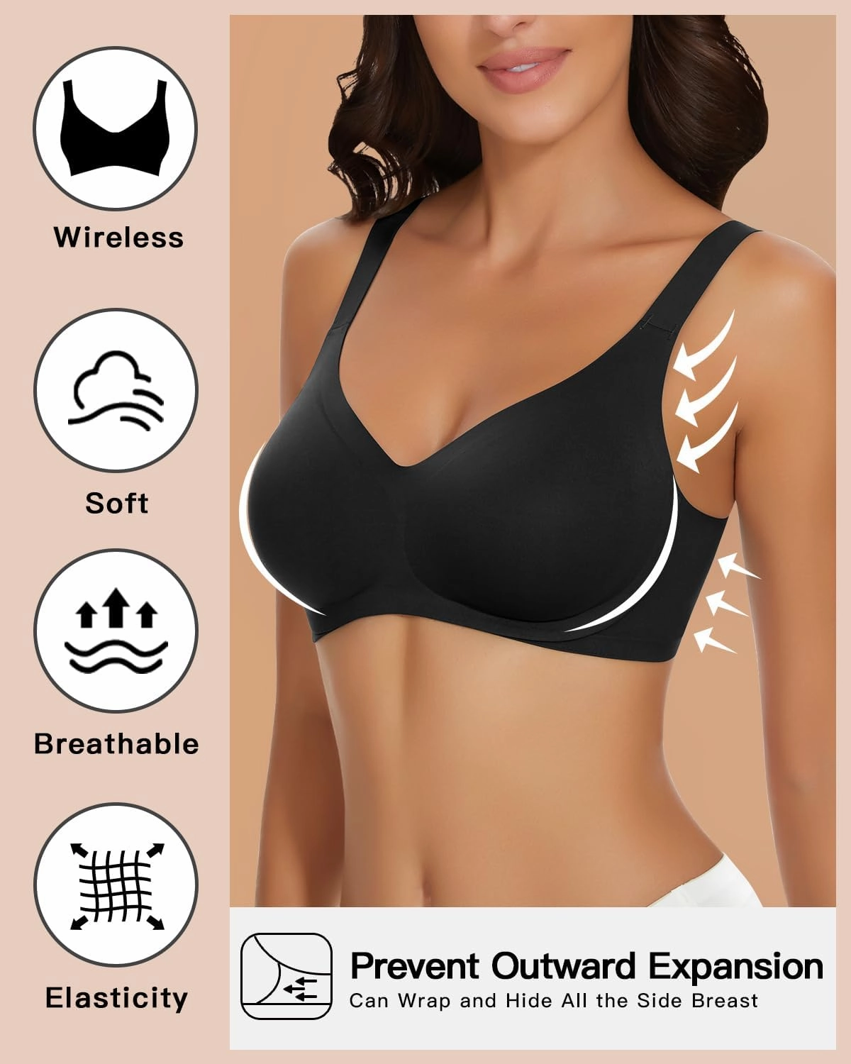 WOWENY Wireless Push Up Bras for Women Comfortable Seamless Bralettes Adjustable V Padded Everyday Bra with Support