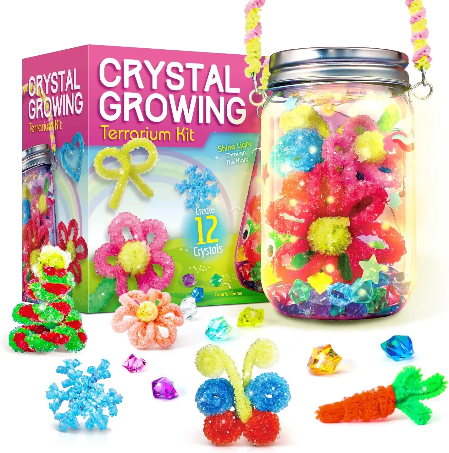 XXTOYS Crystal Growing Kit - Crafts for Girls Ages 6-8 - Create 12 Flowers Crystals Science Experiment Kit - DIY Decorative Lamp Set Light Up The Night - STEM Educational Toys Gifts for 6 