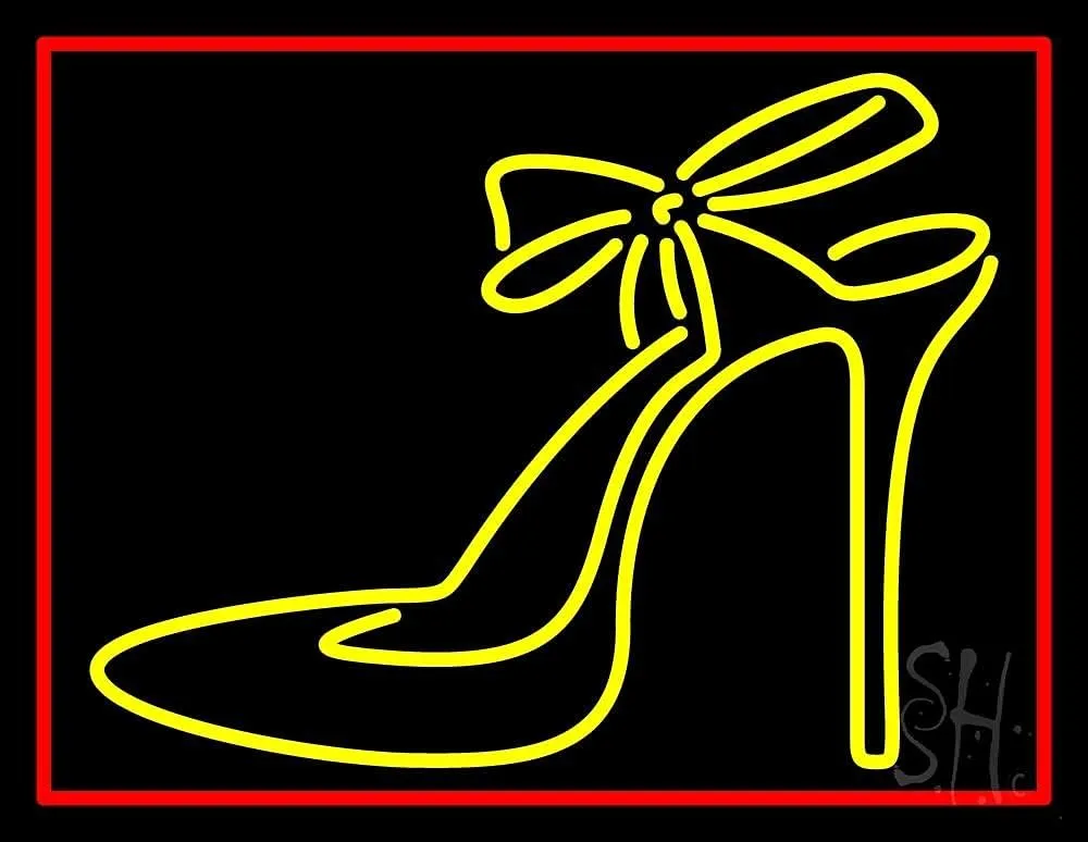 Yellow High Heels With Ribbon LED Neon Sign 15 x 19 - inches, Black Square Cut Acrylic Backing, with Dimmer - Bright and Premium built indoor LED Neon Sign for store interior Décor, Storefront.