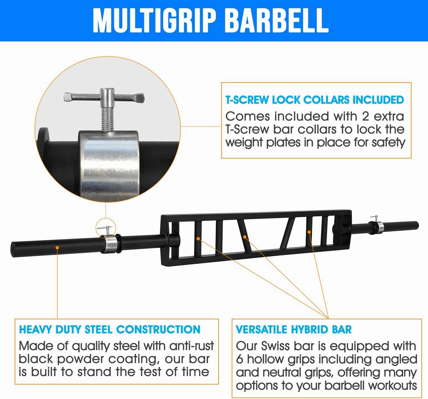 Yes4All Multi Grip Barbell & Cable Attachment - Swiss Bar, American Bar for Greater Range of Motion, with 2 Collars, Fits Olympic Weight Plates - Home Gym & Support Pressing, Lifting & Curls