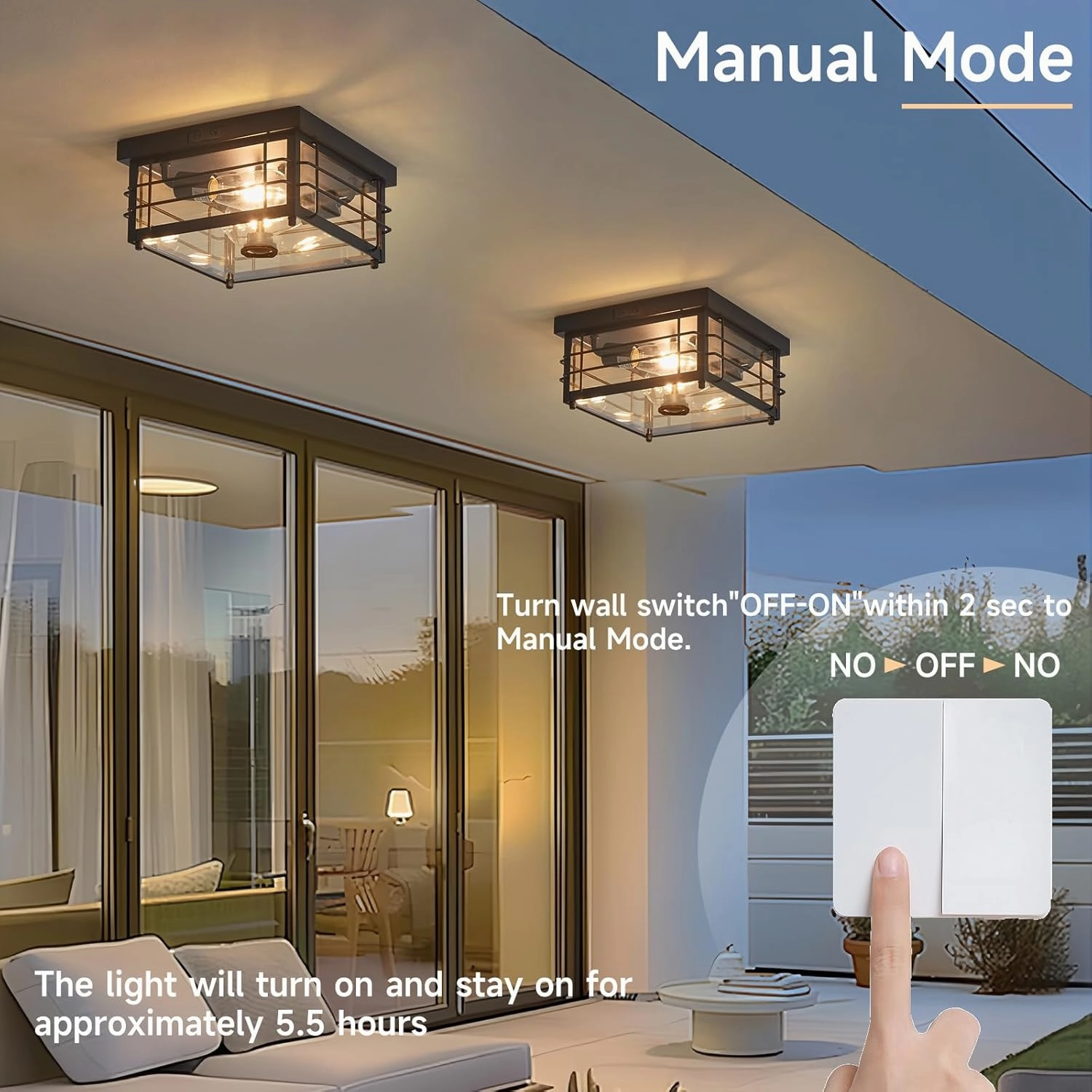Yisuro Outdoor Ceiling Light with Motion Sensor Flush Mount Farm House Porch Light Ceiling Mount Adjustable 3 Modes Squares for Patio,Porch,Garage (Black-Square)