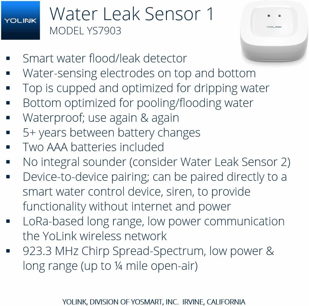 YoLink Water Leak Sensor 3-Pack, LoRa Up to 1/4 Mile Open-Air Range Smart Water Leak & Flood Detector, SMS/Text, Email & Push Notifications, w/Alexa, IFTTT, Home Assistant - YoLink Hub Required