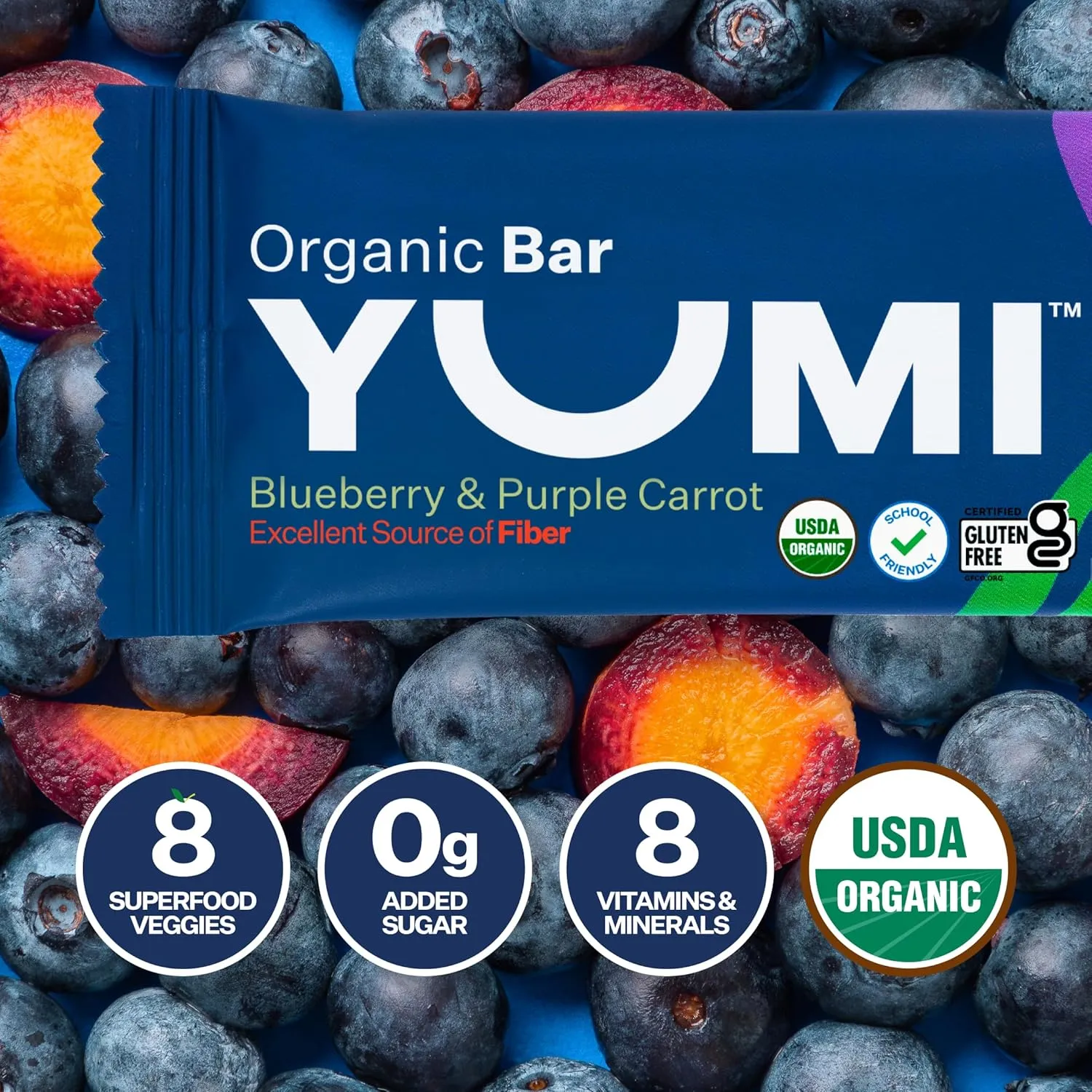 Yumi Organic Toddler Snacks Bars - Gluten-Free, No Added Sugar, 7  Vegetables, Soft-Baked Crust, Yumi Bars Healthy Toddler Organic Snacks - School Safe and for Lunch Boxes, Blueberry & Purple Carrot (30ct.)