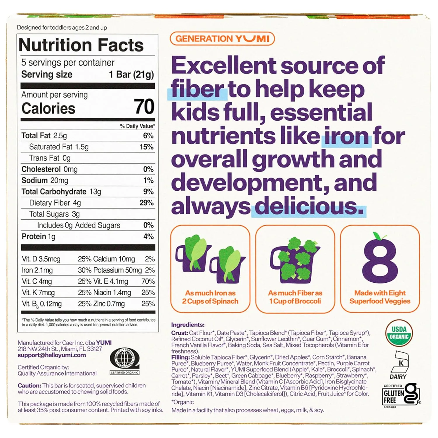 Yumi Organic Toddler Snacks Bars - Gluten-Free, No Added Sugar, 7  Vegetables, Soft-Baked Crust, Yumi Bars Healthy Toddler Organic Snacks - School Safe and for Lunch Boxes, Blueberry & Purple Carrot (30ct.)