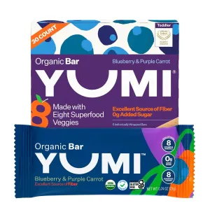 Yumi Organic Toddler Snacks Bars - Gluten-Free, No Added Sugar, 7  Vegetables, Soft-Baked Crust, Yumi Bars Healthy Toddler Organic Snacks - School Safe and for Lunch Boxes, Blueberry & Purple Carrot (30ct.)