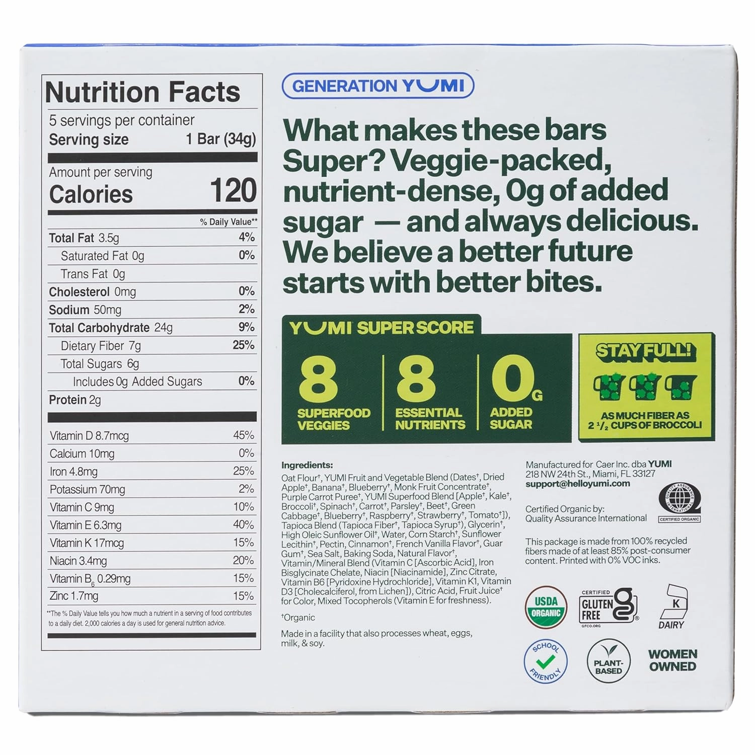 YUMI Organic Breakfast Superbar, Gluten-Free, No Added Sugar, 7  Vegetables, Soft-Baked Crust, Healthy Snack Bars for Kids, School Safe, Healthy Alternative to Granola Bars or Cereal Bars (30ct, Blueberry)