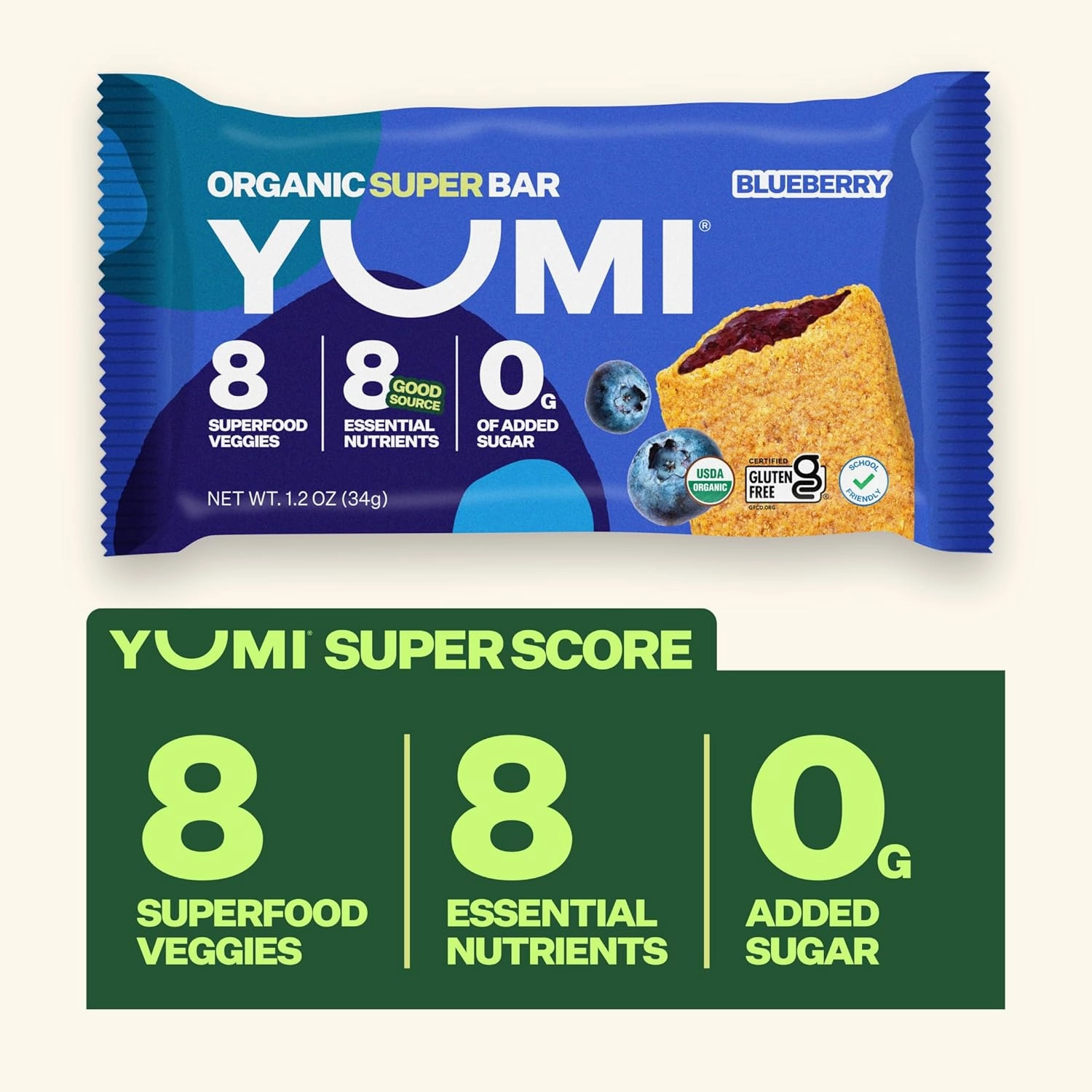 YUMI Organic Breakfast Superbar, Gluten-Free, No Added Sugar, 7  Vegetables, Soft-Baked Crust, Healthy Snack Bars for Kids, School Safe, Healthy Alternative to Granola Bars or Cereal Bars (30ct, Blueberry)