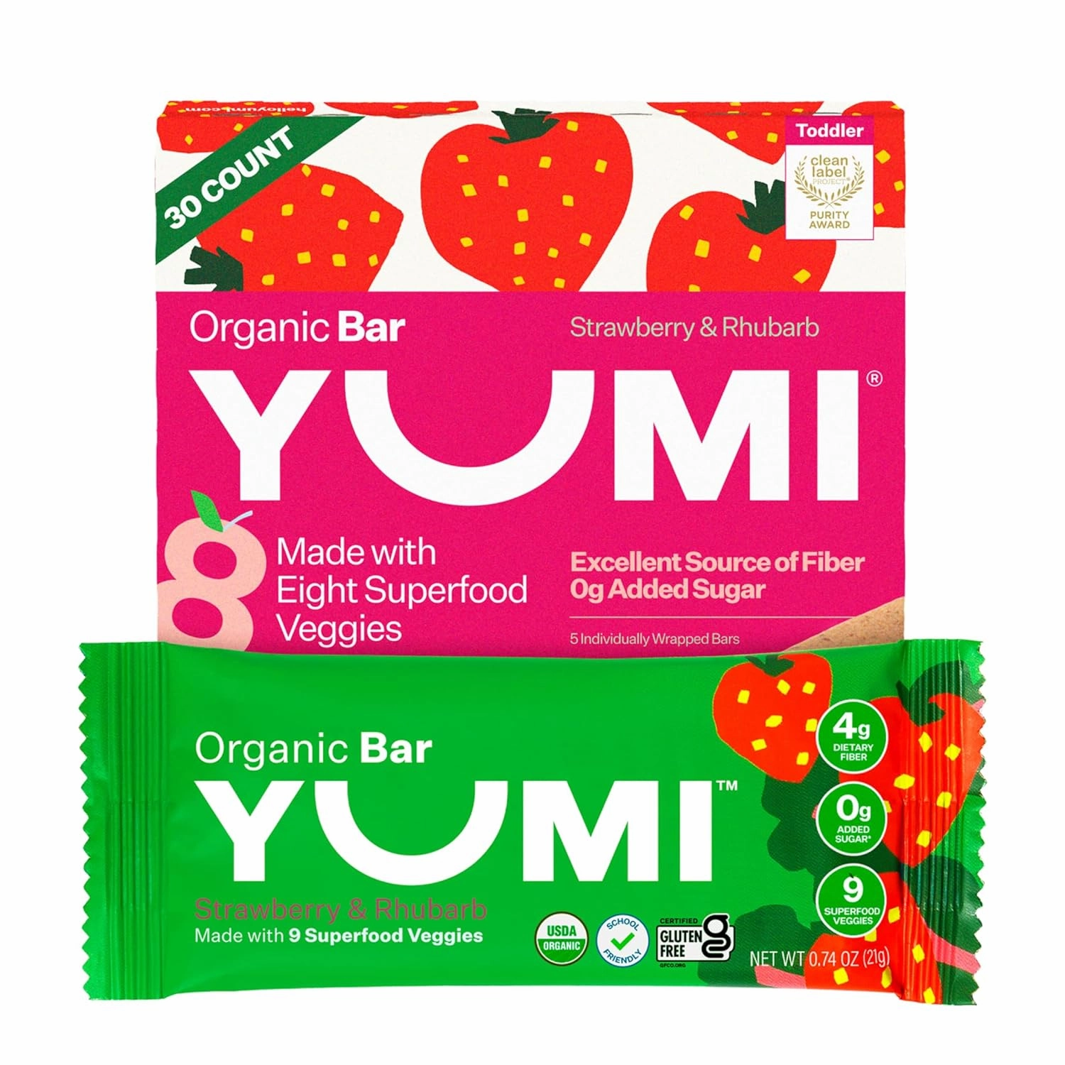 Yumi Organic Toddler Snacks Bars - Gluten-Free, No Added Sugar, 7  Vegetables, Soft-Baked Crust, Yumi Bars Healthy Toddler Organic Snacks - School Safe and for Lunch Boxes, Strawberry & Rhubarb (30ct.)