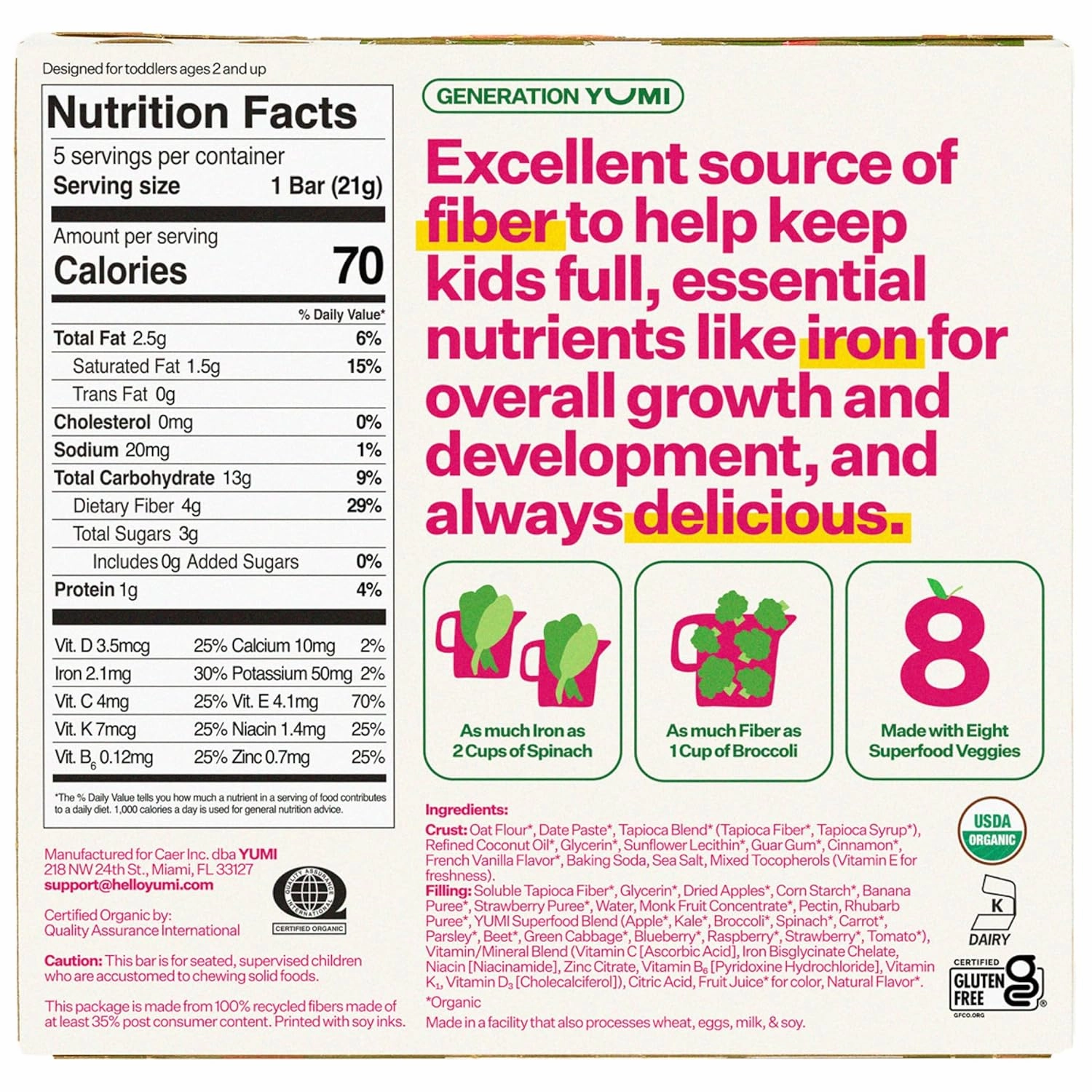Yumi Organic Toddler Snacks Bars - Gluten-Free, No Added Sugar, 7  Vegetables, Soft-Baked Crust, Yumi Bars Healthy Toddler Organic Snacks - School Safe and for Lunch Boxes, Strawberry & Rhubarb (30ct.)