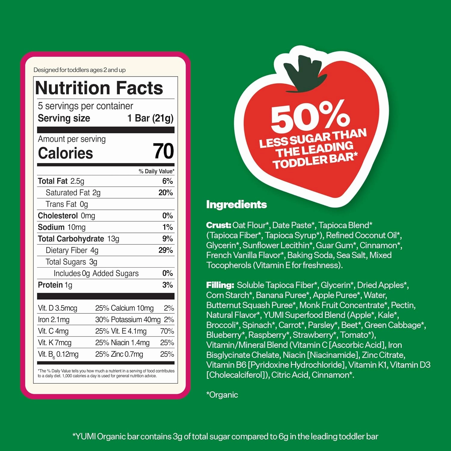Yumi Organic Toddler Snacks Bars - Gluten-Free, No Added Sugar, 7  Vegetables, Soft-Baked Crust, Yumi Bars Healthy Toddler Organic Snacks - School Safe and for Lunch Boxes, Strawberry & Rhubarb (30ct.)