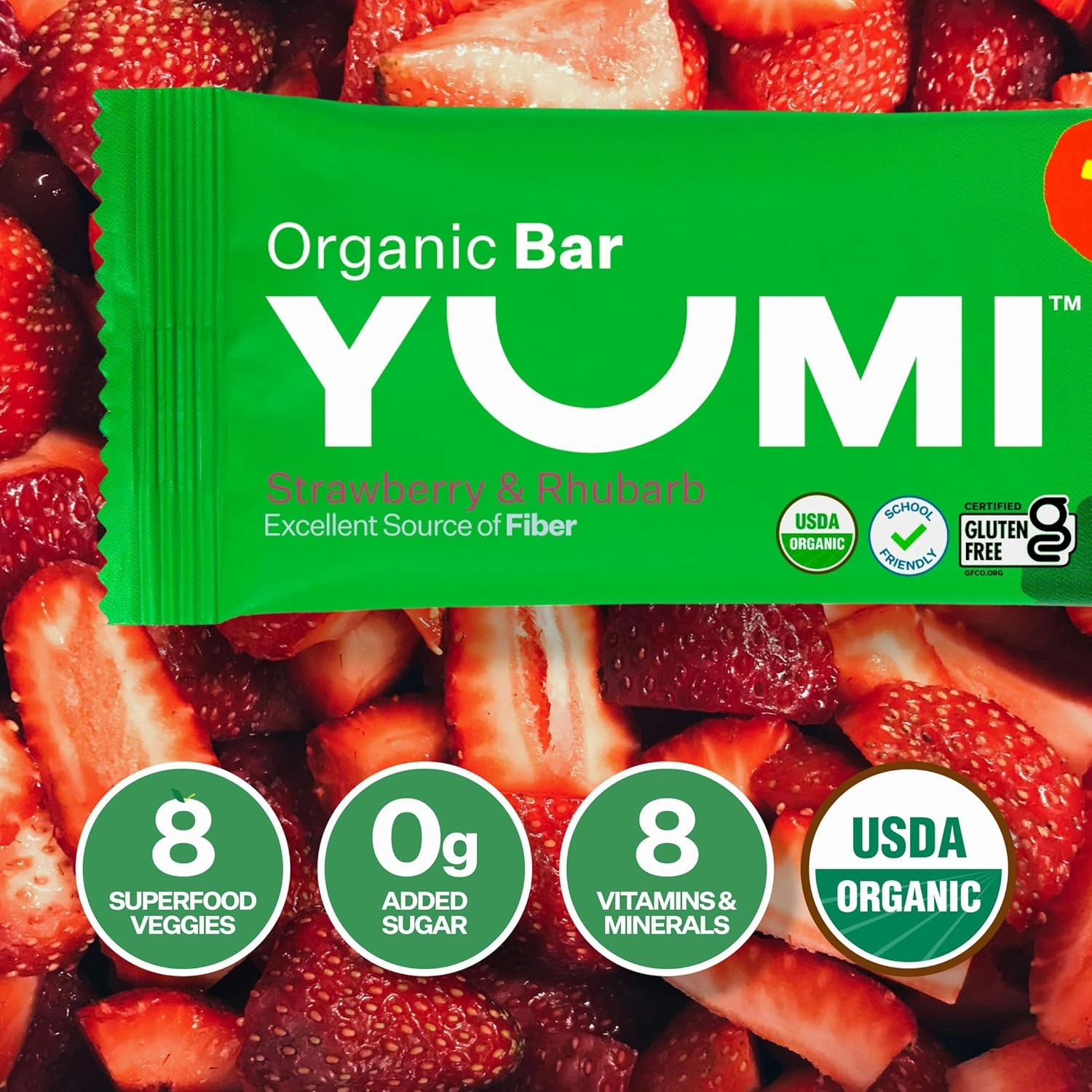 Yumi Organic Toddler Snacks Bars - Gluten-Free, No Added Sugar, 7  Vegetables, Soft-Baked Crust, Yumi Bars Healthy Toddler Organic Snacks - School Safe and for Lunch Boxes, Strawberry & Rhubarb (30ct.)